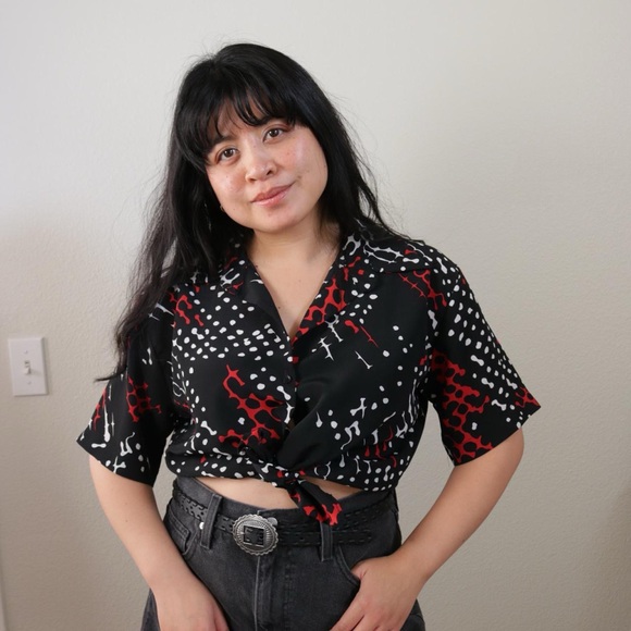 Black, red and white patterned button down blouse - Picture 1 of 8
